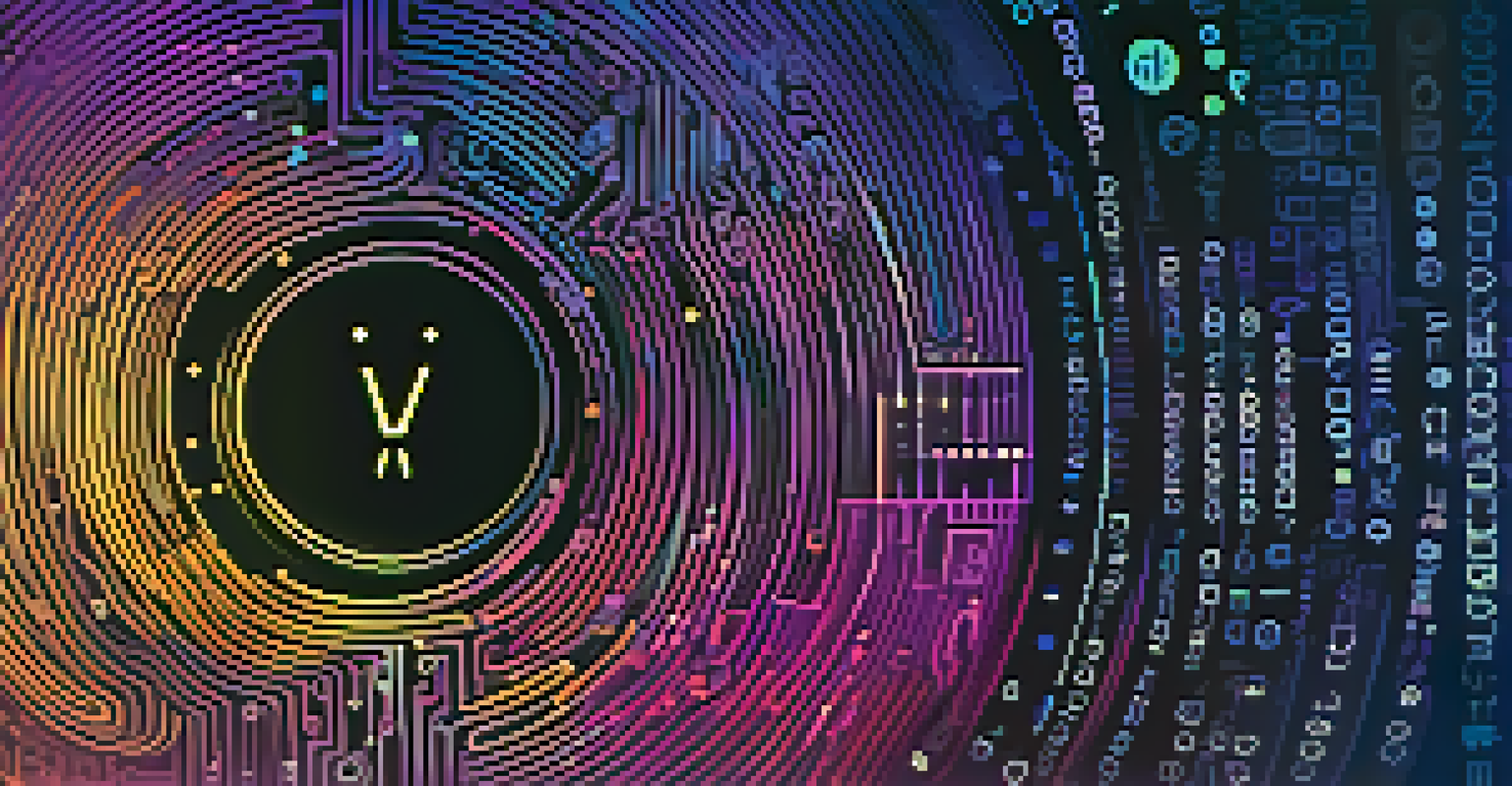An abstract visualization of data encryption with a digital lock and swirling lines of code on a blue and purple background.