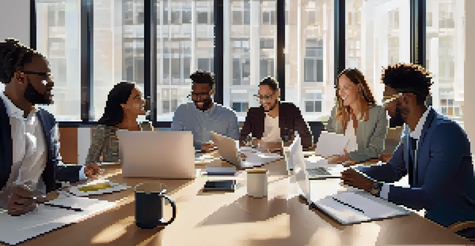 A diverse group of professionals discussing recruitment strategies at a modern table, emphasizing inclusivity in the workplace.