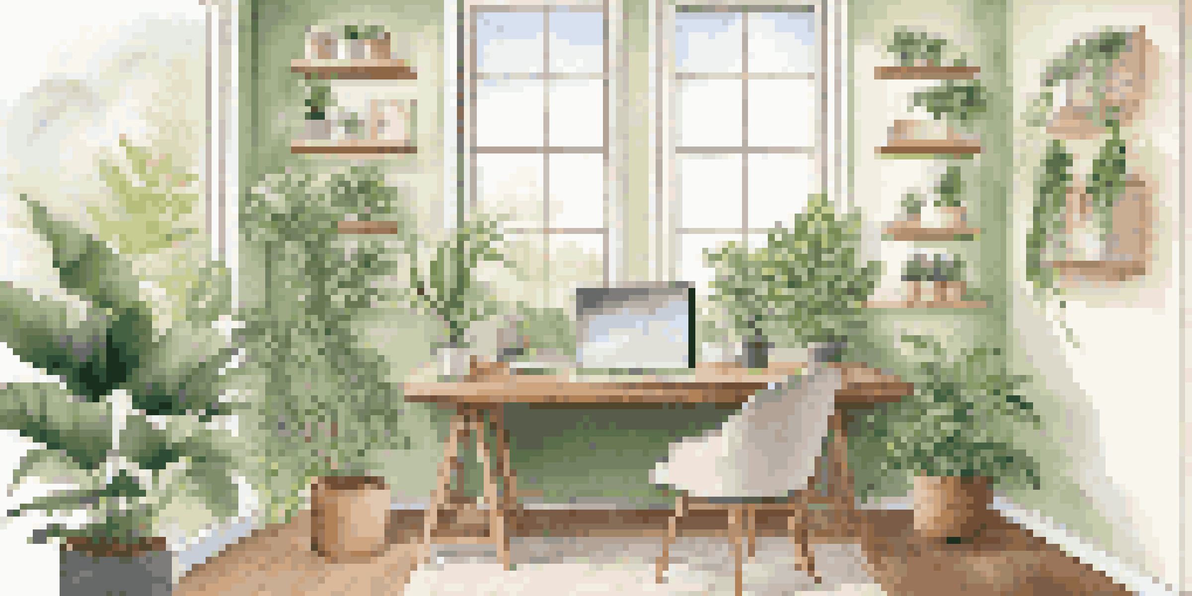 A bright and inviting office space with a view of greenery, a desk with a laptop and a coffee cup, and motivational quotes on the wall.