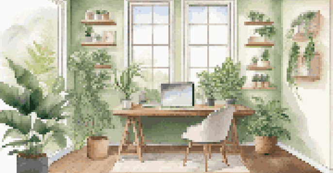 A bright and inviting office space with a view of greenery, a desk with a laptop and a coffee cup, and motivational quotes on the wall.