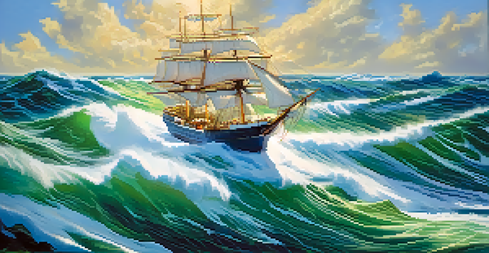 A ship sailing through turbulent waters, adjusting its sails to navigate effectively, symbolizing agility and adaptability.