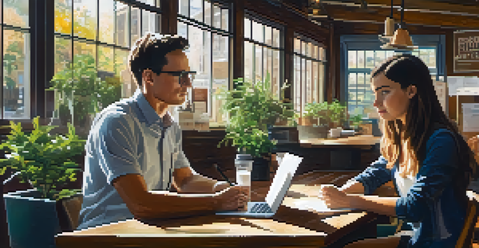 A cozy coffee shop with a mentor and mentee discussing business strategies over a laptop, surrounded by sunlight and plants.