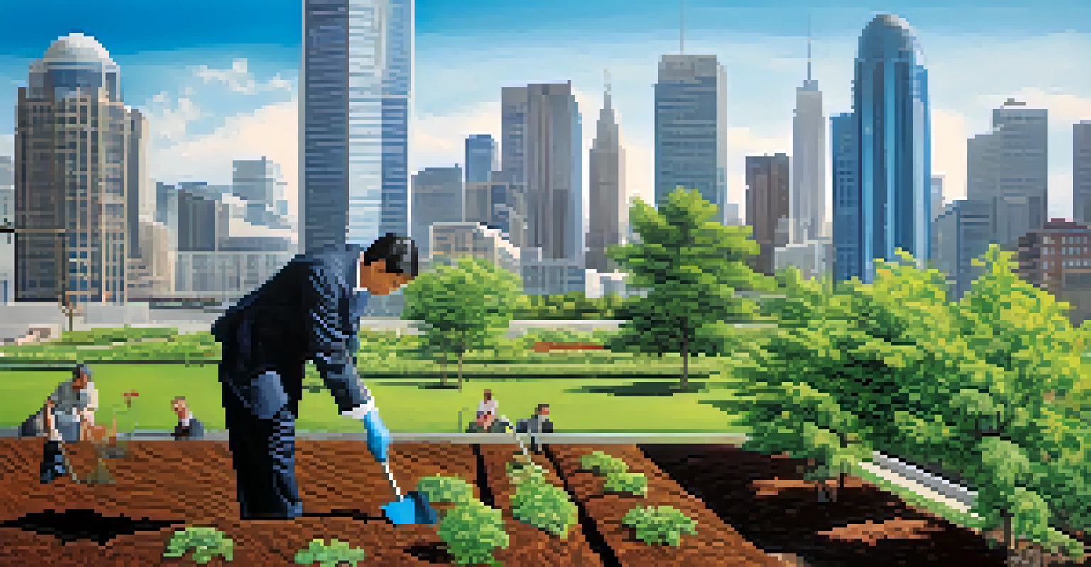 A business person in formal attire planting a tree in a community garden against a city skyline.