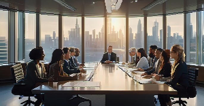 A diverse group of professionals in a modern boardroom engaged in a strategic meeting with charts and laptops on a large glass table.