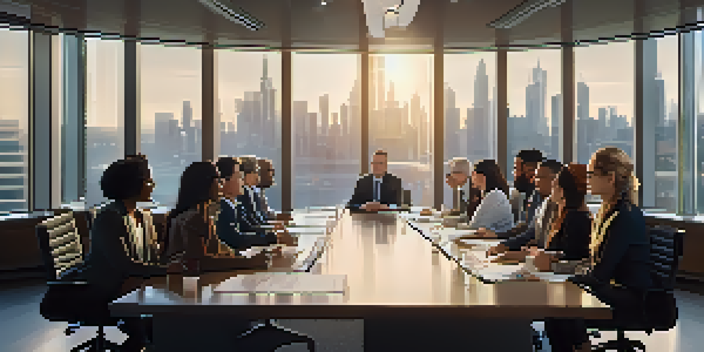 A diverse group of professionals in a modern boardroom engaged in a strategic meeting with charts and laptops on a large glass table.