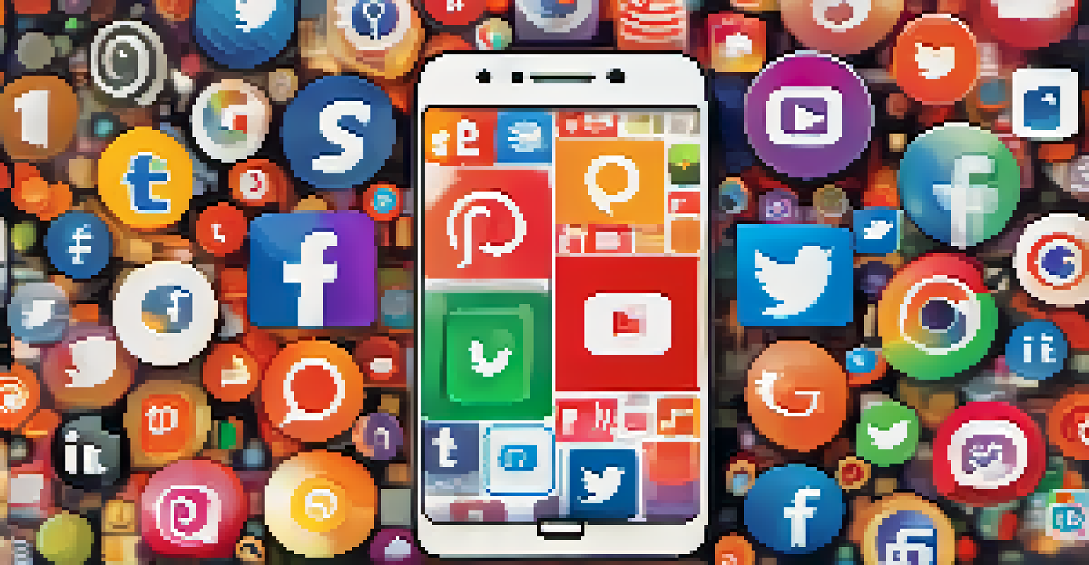 A smartphone displaying social media icons surrounded by colorful demographic graphics, with a blurred background and warm lighting.
