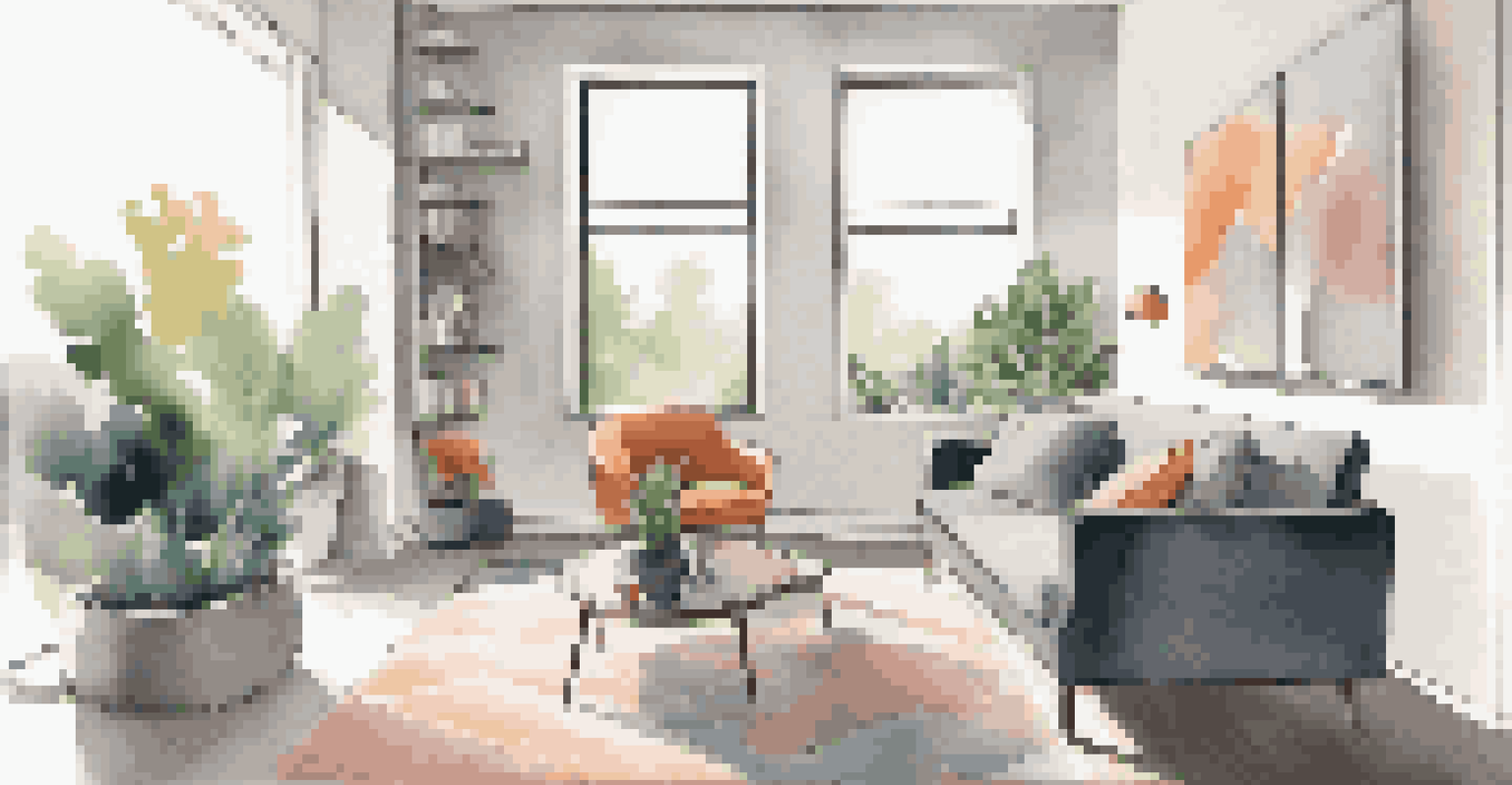 A modern living room with a couple sitting on a sofa, looking at a tablet, surrounded by natural light.