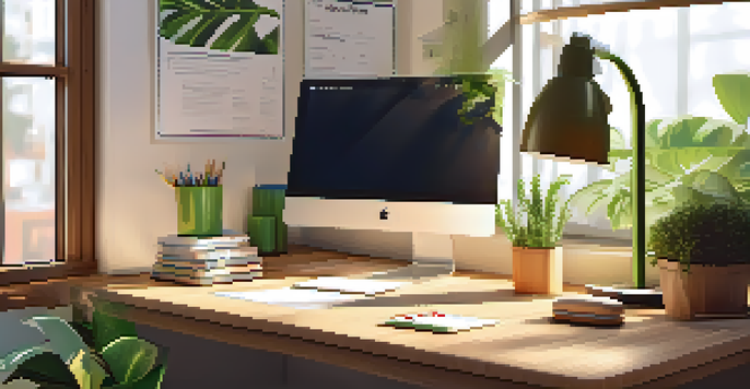 A peaceful workspace with a wooden desk, laptop, notepad, and green plants under sunlight.