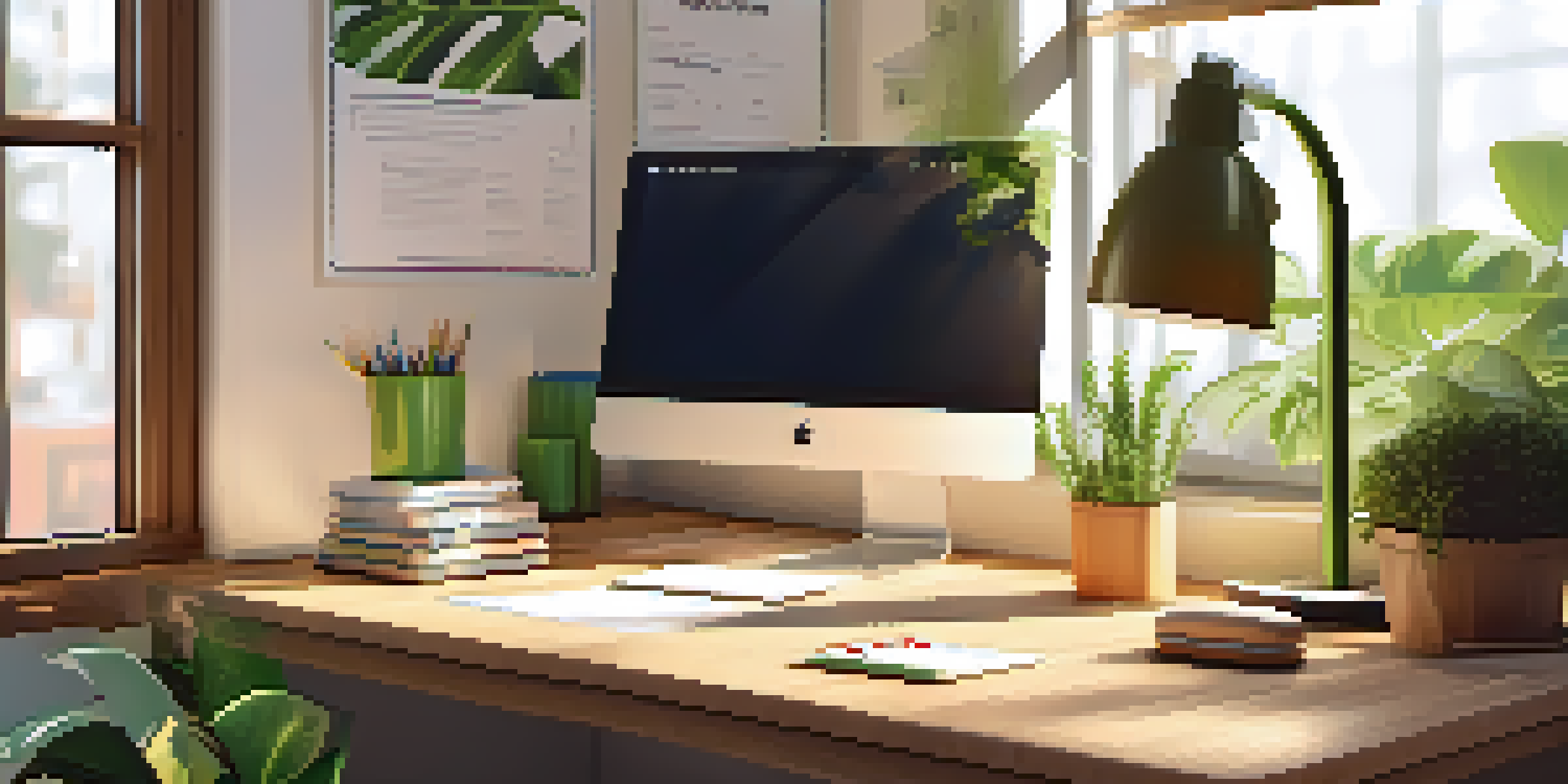 A peaceful workspace with a wooden desk, laptop, notepad, and green plants under sunlight.