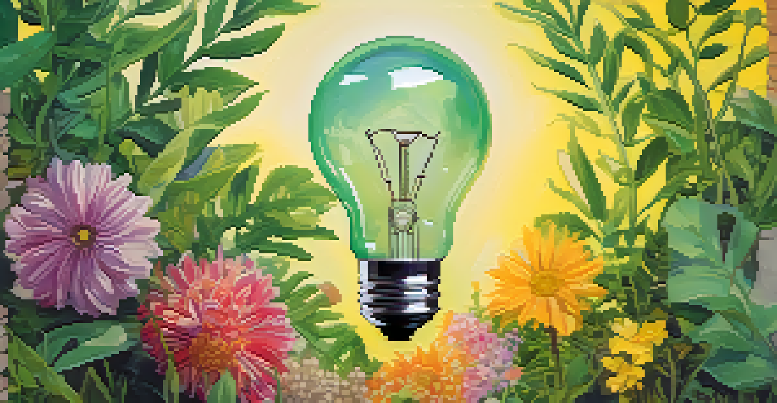 A light bulb made from recycled materials surrounded by colorful plants, representing sustainability and innovation.