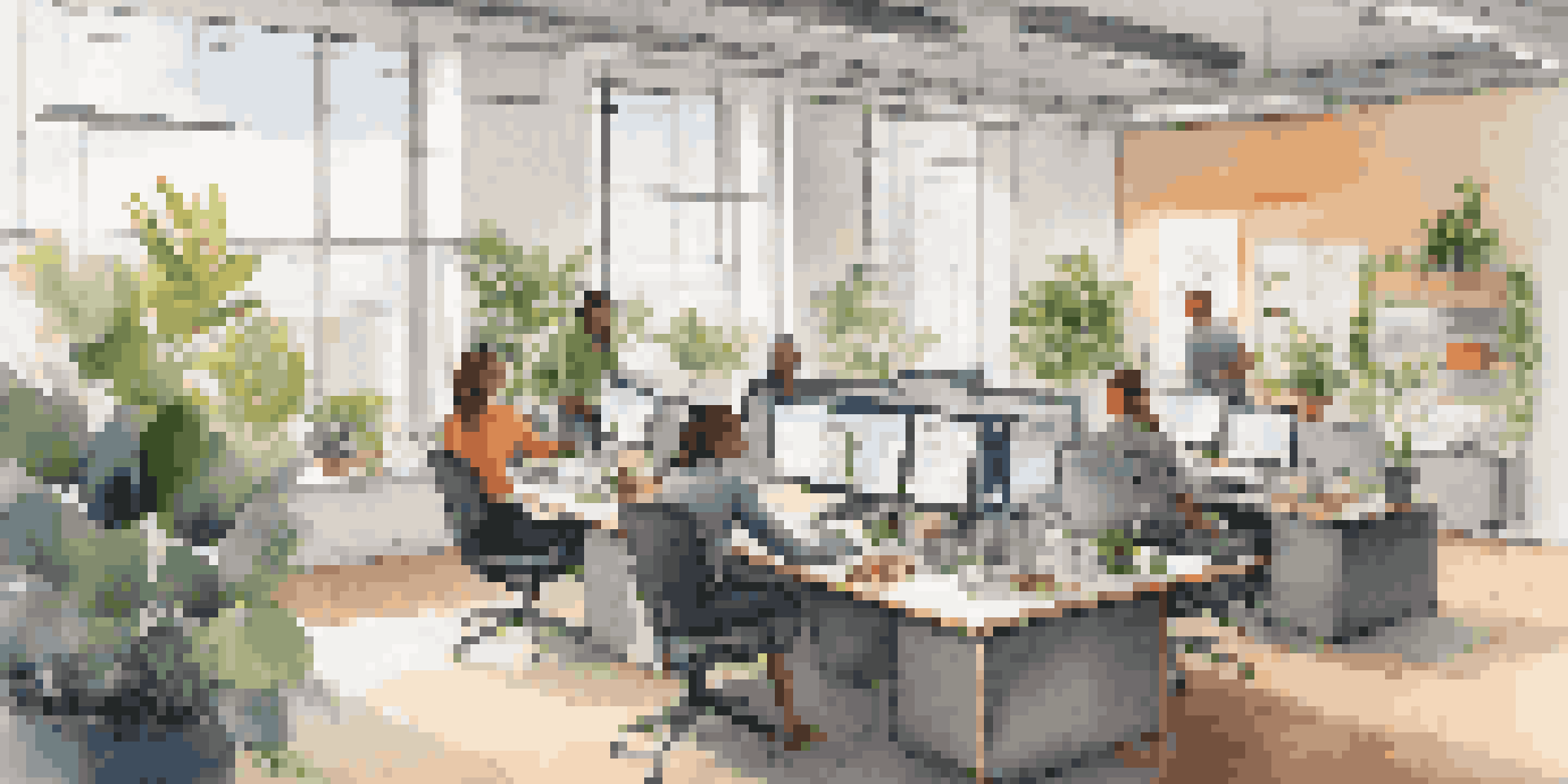 A bright and modern office space with employees of diverse backgrounds collaborating and working independently in a flexible environment.