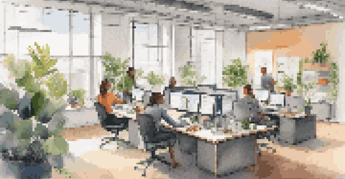 A bright and modern office space with employees of diverse backgrounds collaborating and working independently in a flexible environment.