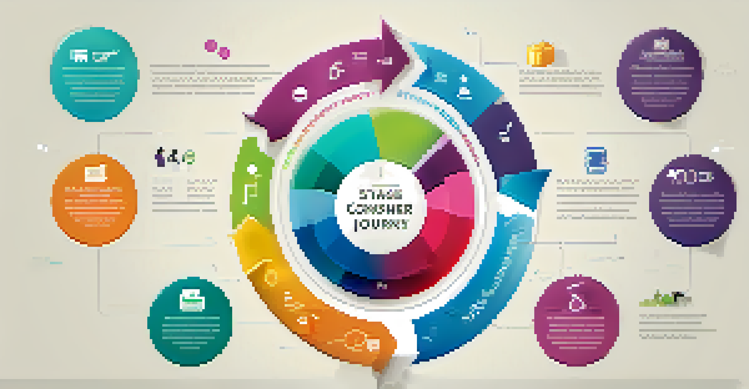 An infographic showing the stages of the consumer journey with colorful icons and descriptions.