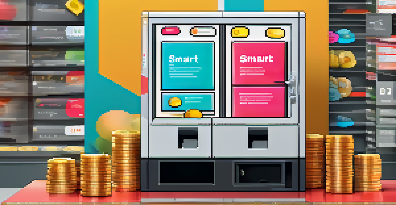 An artistic representation of smart contracts, showing a vending machine delivering products after coins are inserted, with labels explaining the process.