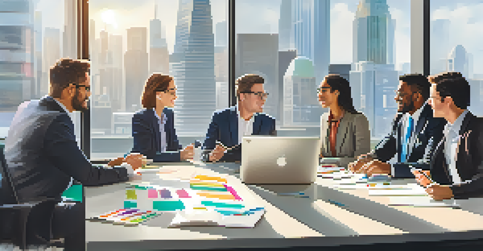 A diverse team of professionals in a modern corporate office engaging in a collaborative meeting, with a bright cityscape visible through large windows.