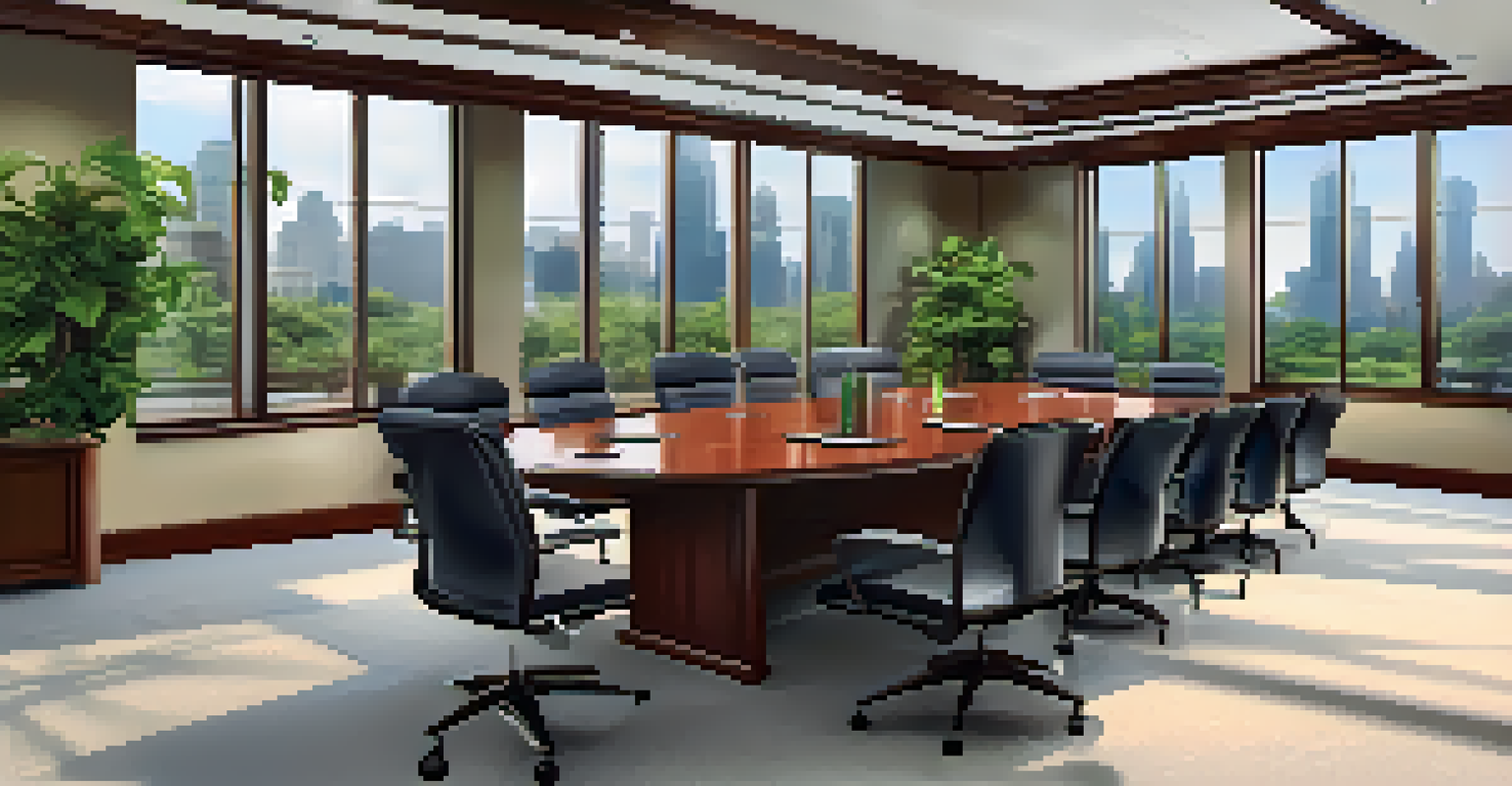 A sophisticated boardroom with a large table and chairs, featuring windows and a projector screen displaying a presentation.