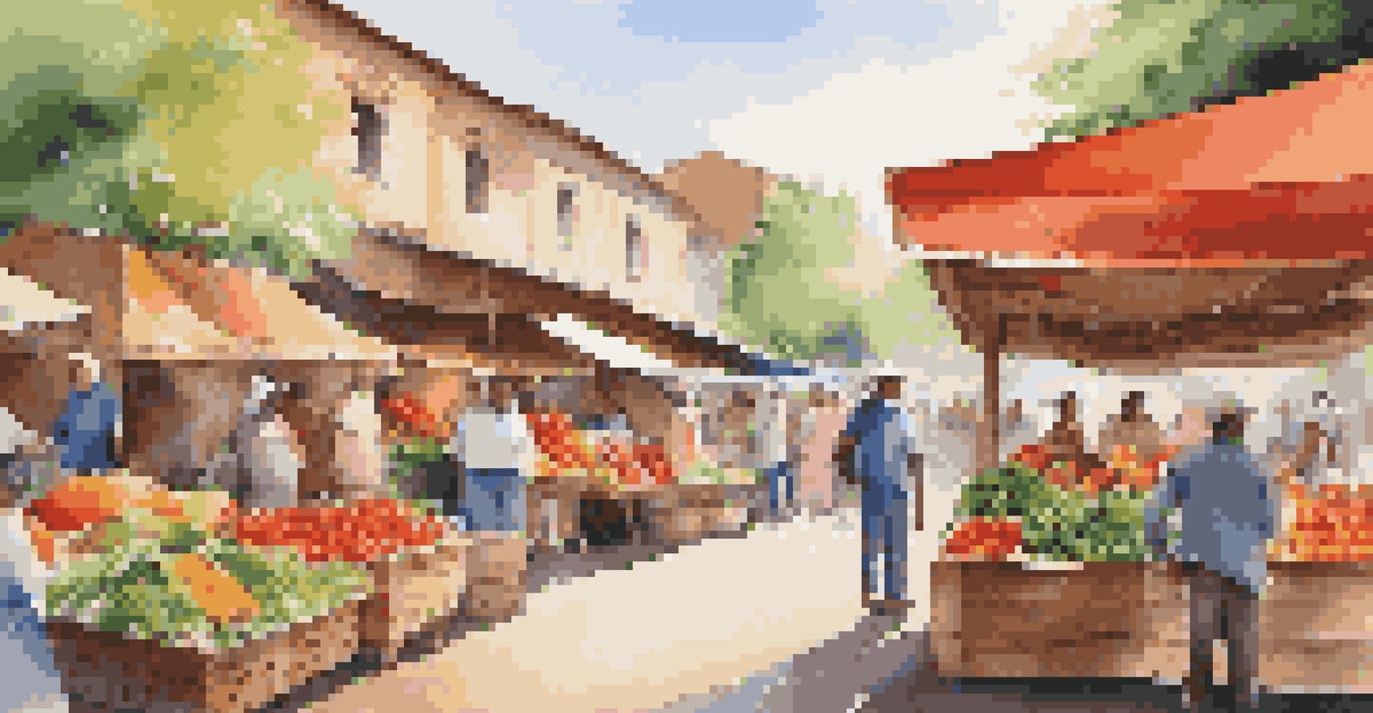 A bustling marketplace with local farmers displaying organic produce, emphasizing sustainable sourcing.