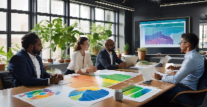 A diverse group of professionals in a meeting, analyzing carbon emissions charts with natural light and plants in the background.