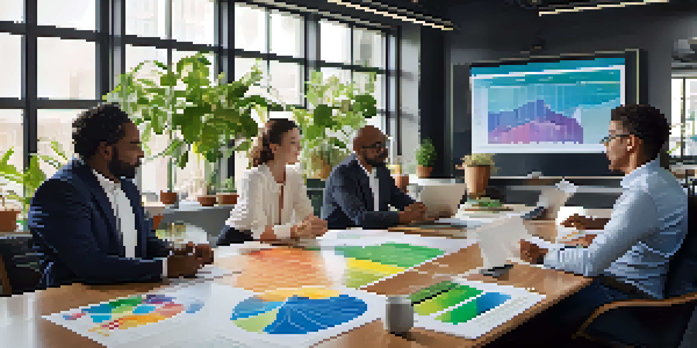 A diverse group of professionals in a meeting, analyzing carbon emissions charts with natural light and plants in the background.