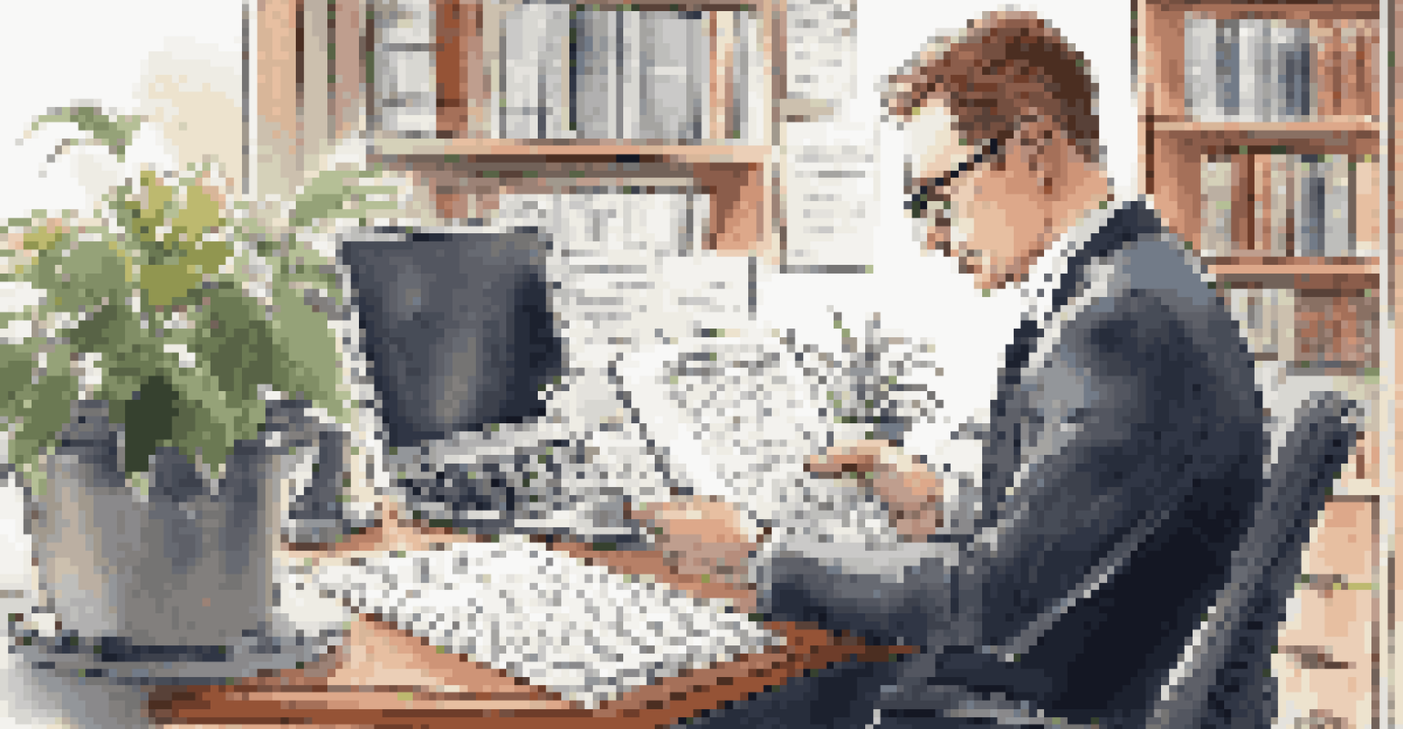A close-up of a business professional reviewing a risk management report on a cluttered desk.