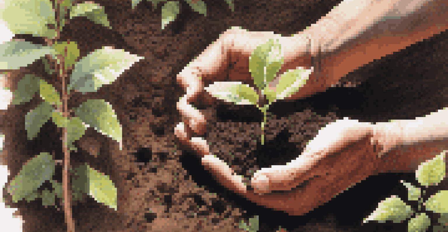 Close-up of hands planting a sapling in soil, with a blurred forest background, symbolizing environmental care and sustainability.