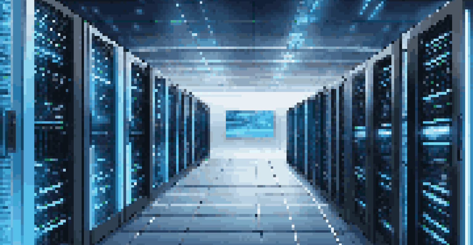 A close-up view of a modern data center with illuminated servers and organized cables, showcasing data protection and recovery.