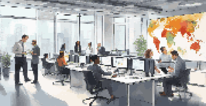 A modern office with diverse professionals discussing data, surrounded by large windows and digital screens showcasing data visualizations.