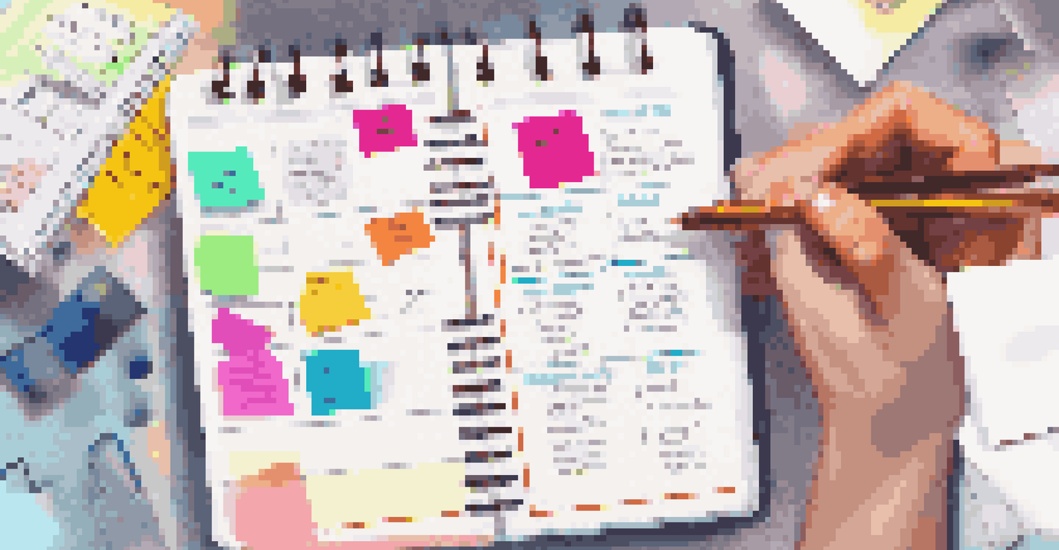 A hand writing SMART goals in a planner, with colorful sticky notes and a laptop in a bright workspace.