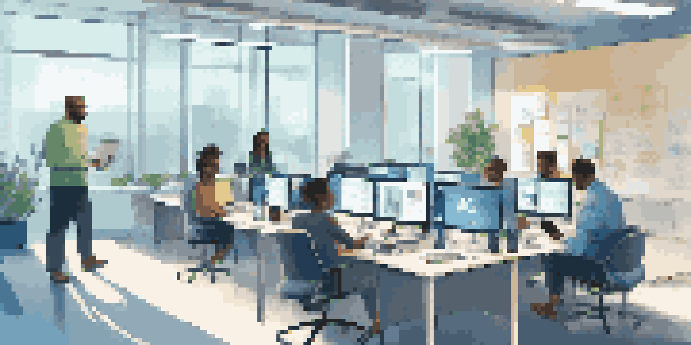 A group of diverse employees participating in a virtual training session in a bright office environment.