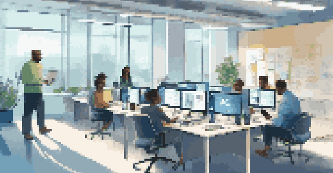 A group of diverse employees participating in a virtual training session in a bright office environment.