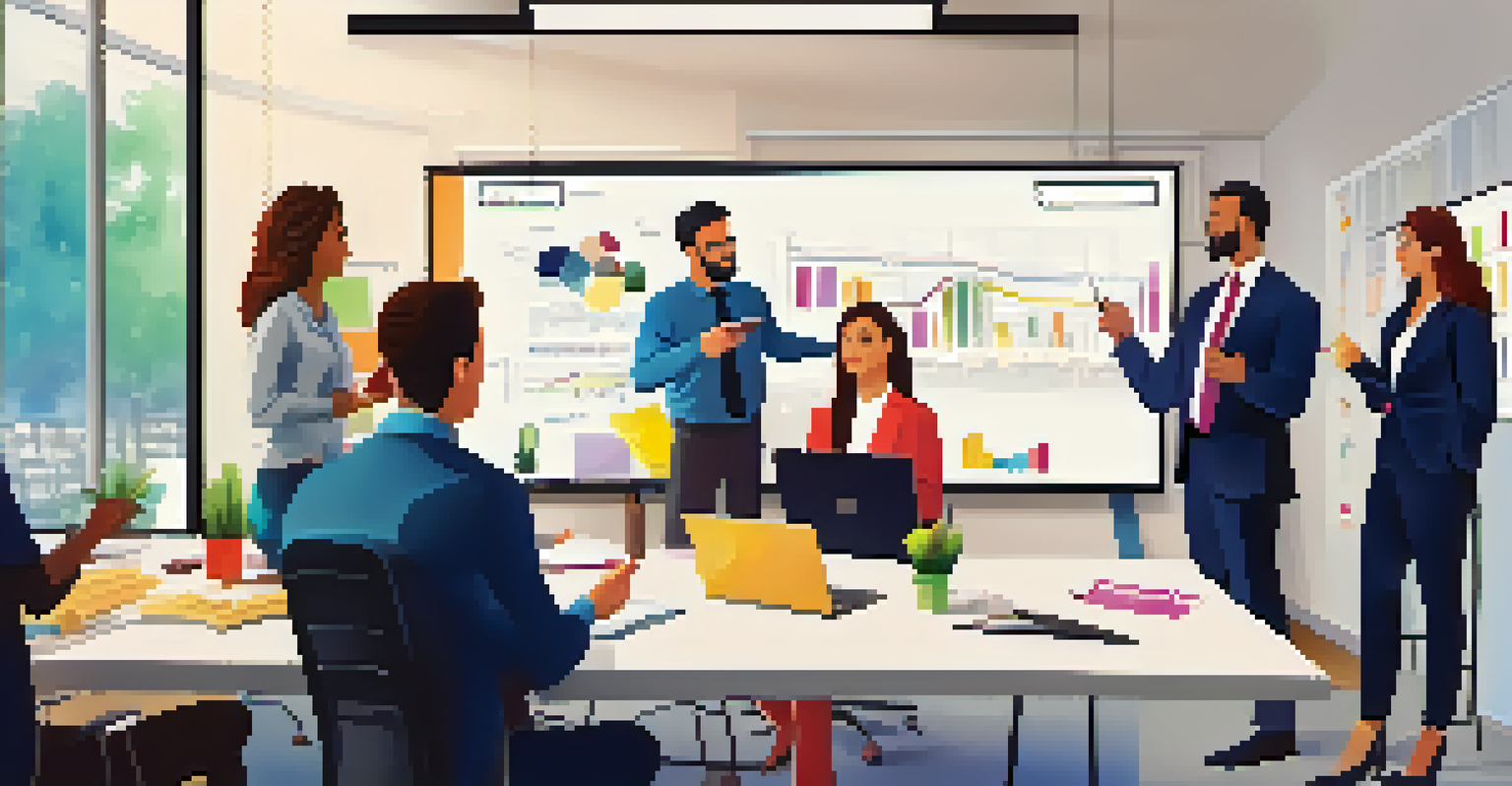 A team meeting in a modern office, with a manager presenting success metrics to engaged team members.
