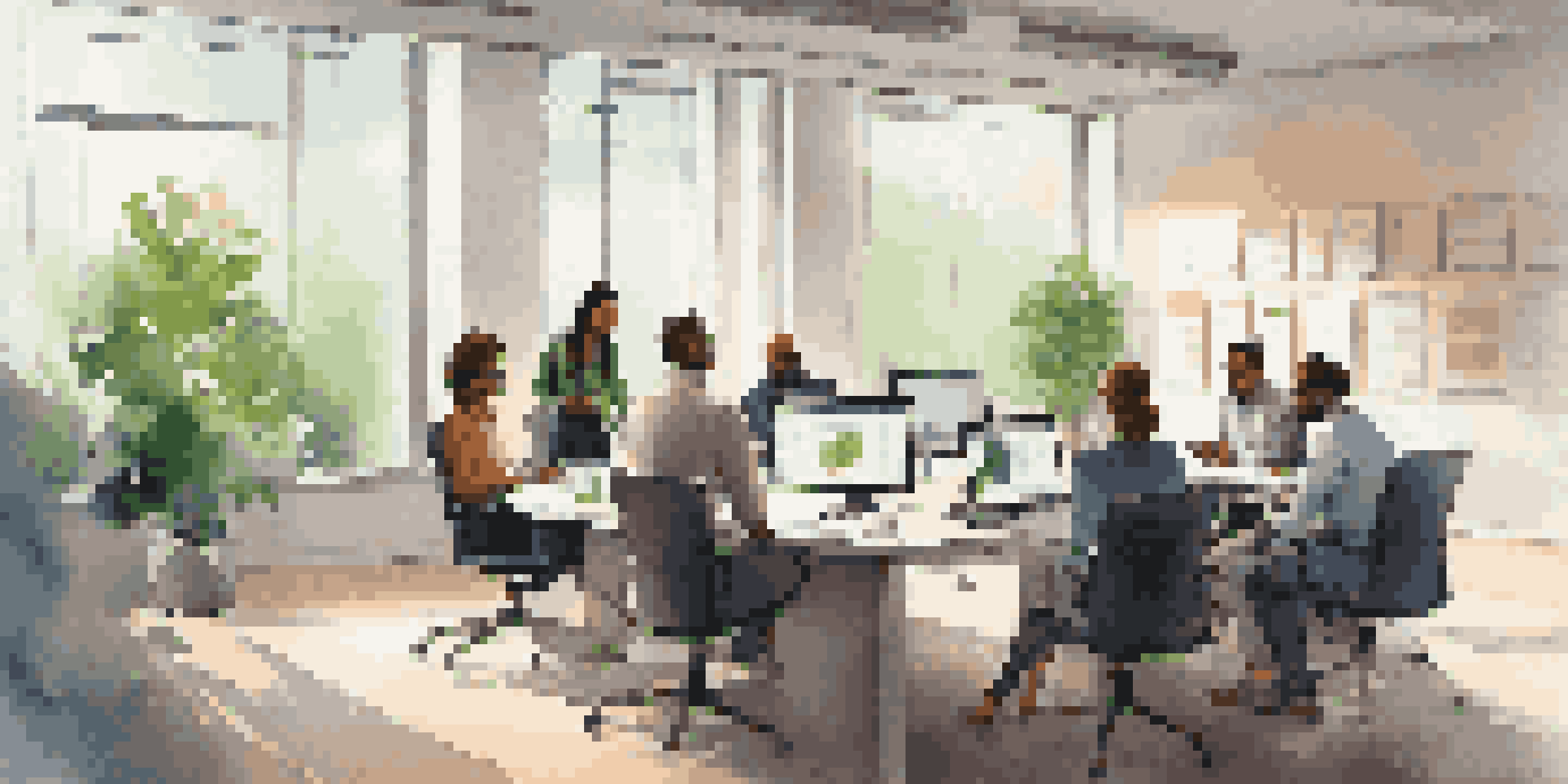 A diverse team of professionals in a modern office discussing data around a conference table with a large screen displaying information.