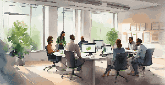 A diverse team of professionals in a modern office discussing data around a conference table with a large screen displaying information.