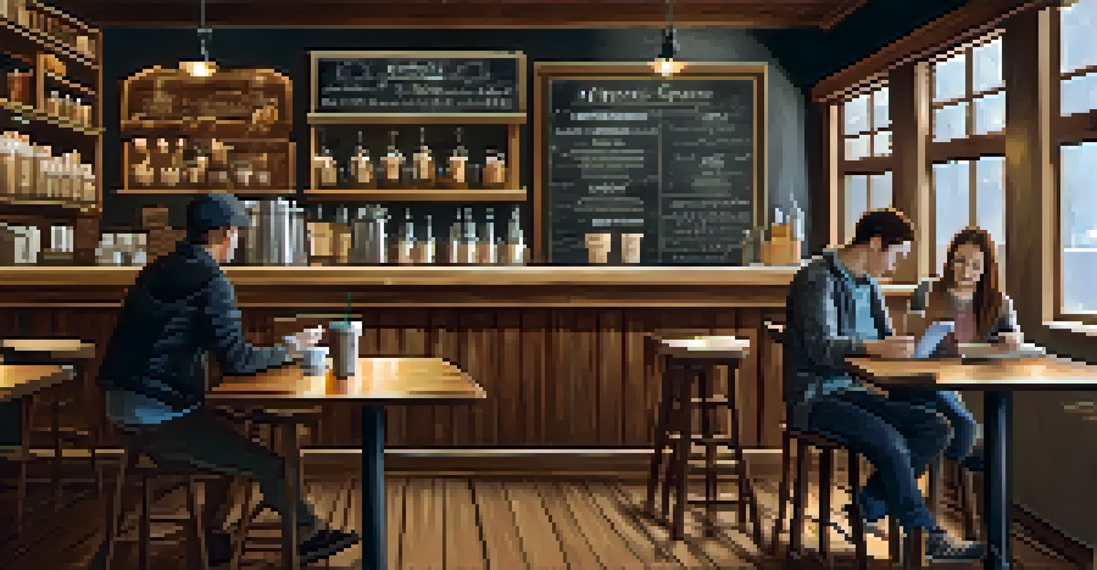 A cozy coffee shop interior with rustic wooden furniture and warm lighting, with customers enjoying beverages.