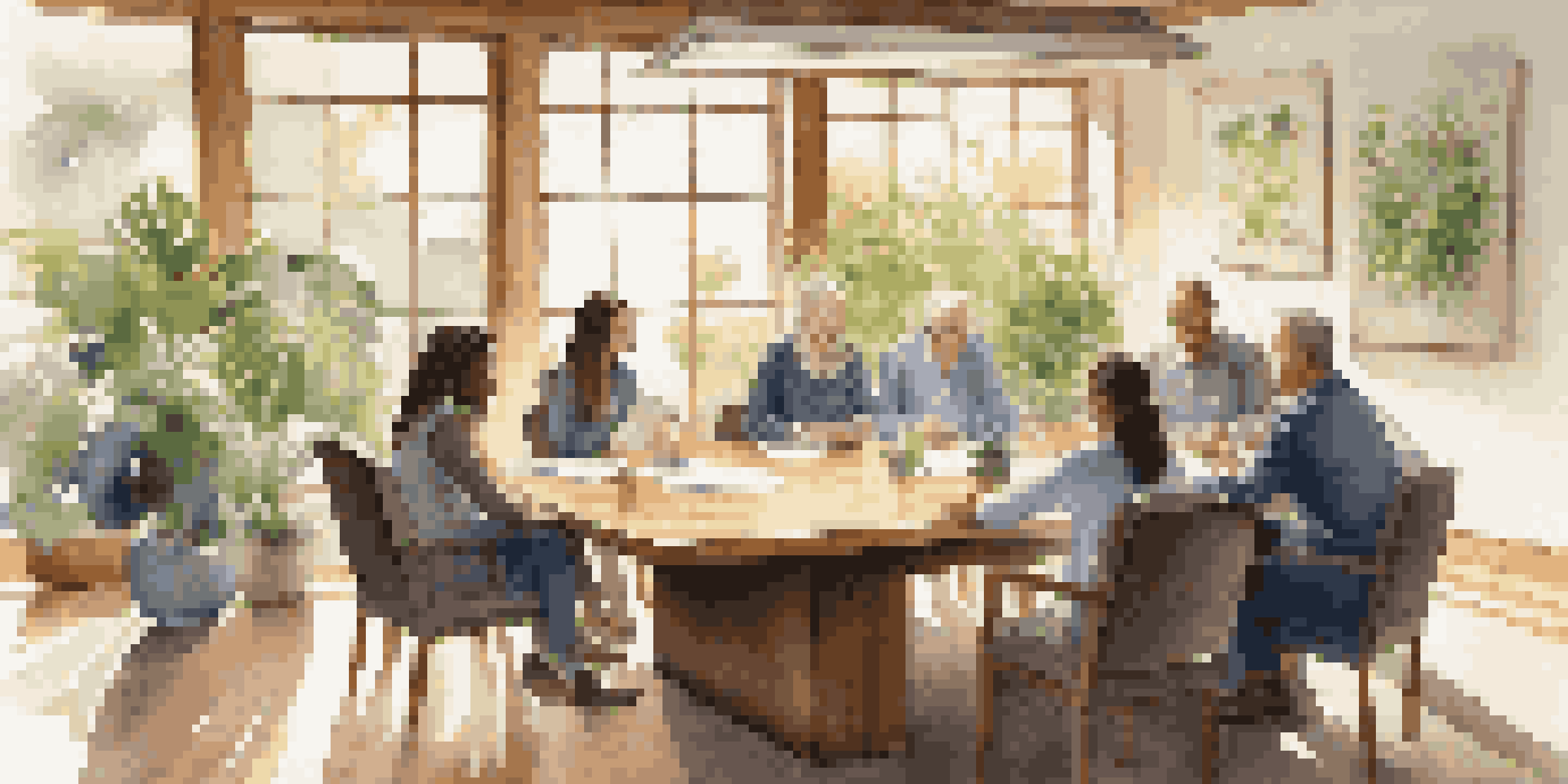 A family business meeting in a bright conference room with family members discussing around a wooden table, surrounded by plants and family photos.