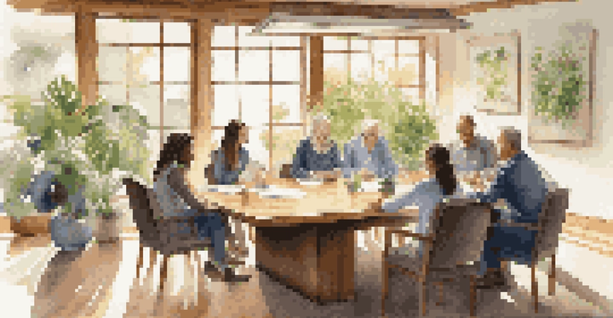 A family business meeting in a bright conference room with family members discussing around a wooden table, surrounded by plants and family photos.