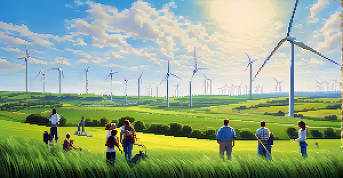 A peaceful green field with wind turbines and people planting trees, representing sustainability and community engagement.