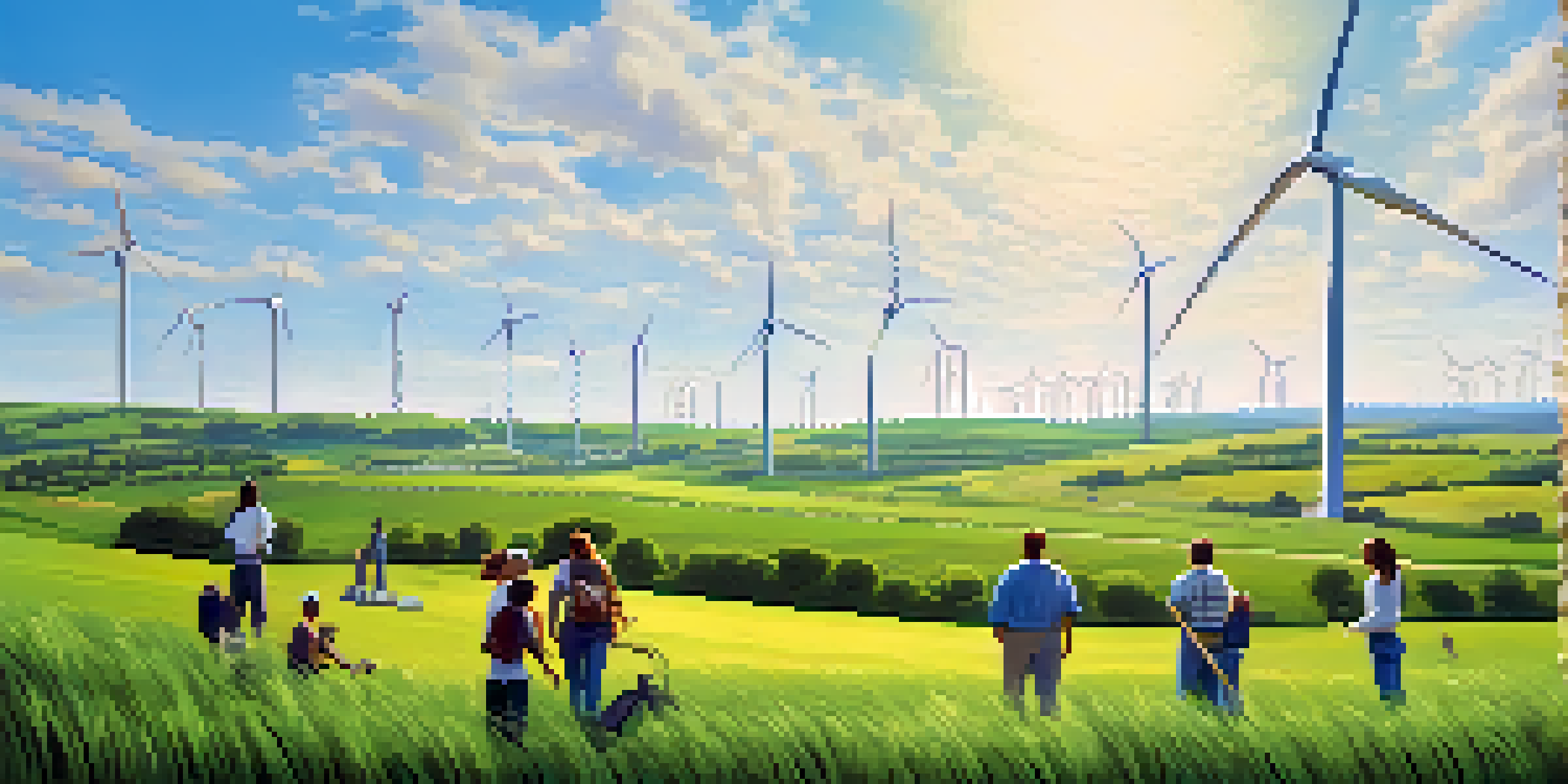 A peaceful green field with wind turbines and people planting trees, representing sustainability and community engagement.