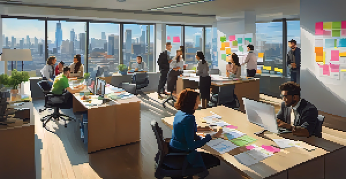 A diverse group of professionals collaborating in a bright office with a city view, surrounded by colorful post-it notes and digital devices.