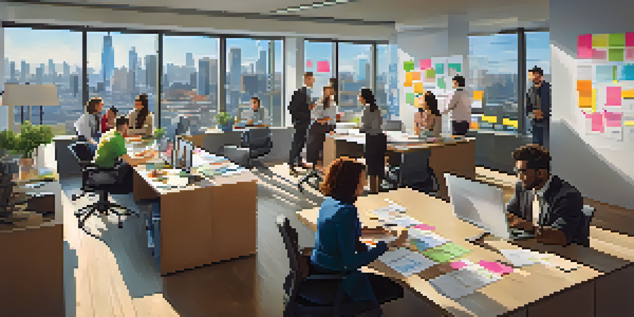 A diverse group of professionals collaborating in a bright office with a city view, surrounded by colorful post-it notes and digital devices.