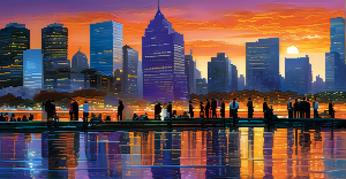 A city skyline at dusk with illuminated skyscrapers and a diverse group of business professionals in the foreground.