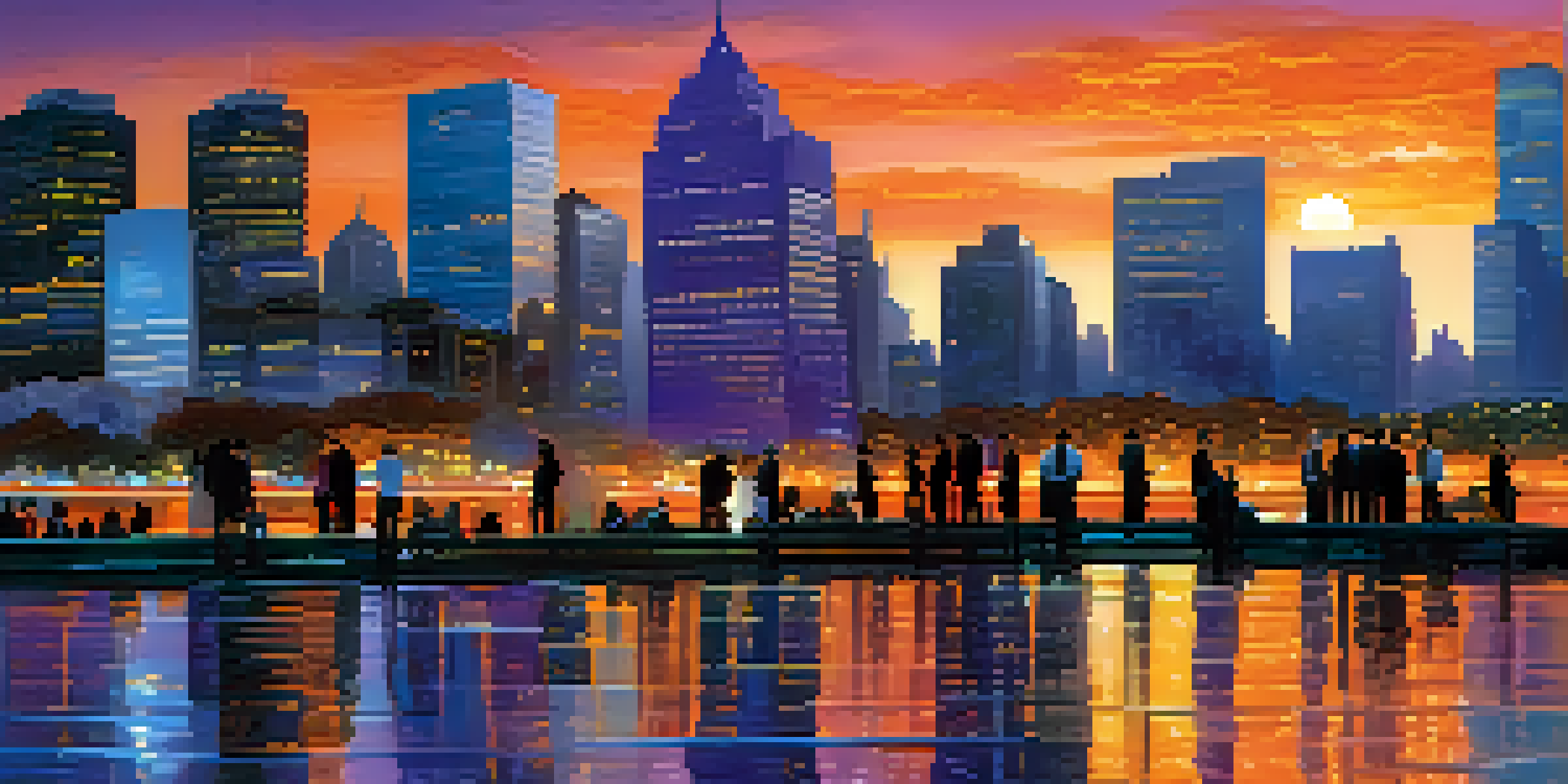 A city skyline at dusk with illuminated skyscrapers and a diverse group of business professionals in the foreground.