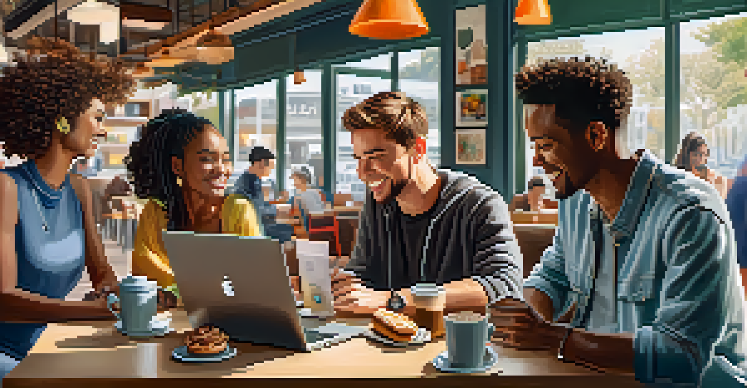 A group of people in a coffee shop engaging with social media on laptops and smartphones, with a bright atmosphere.