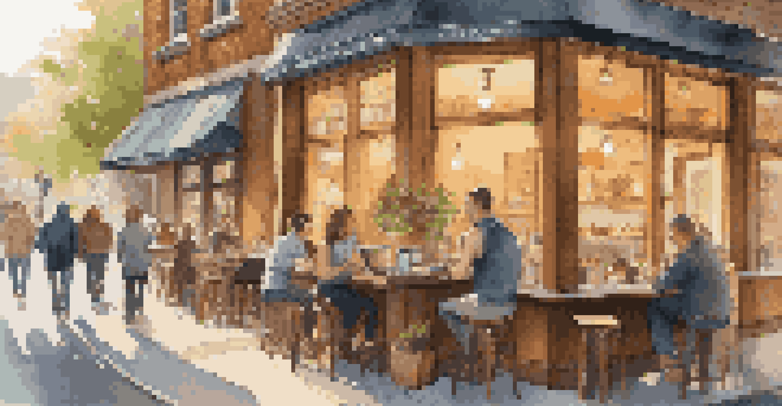 A warm and inviting coffee shop during sunset with customers enjoying coffee and working on laptops.