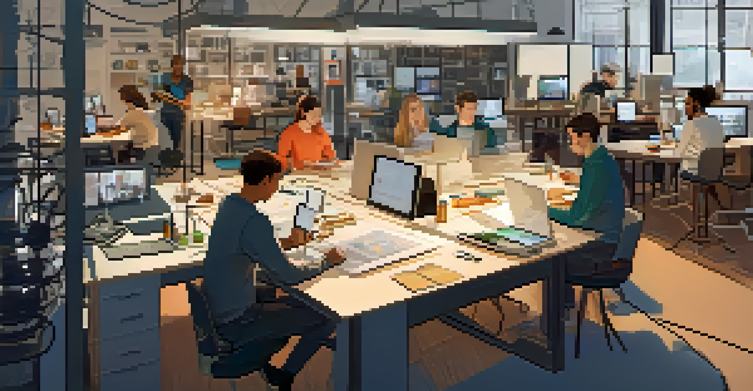 An innovation lab with employees experimenting and collaborating, surrounded by creative materials and technology.