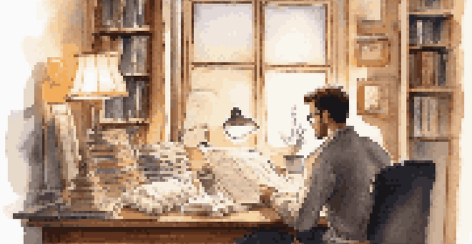 A person reflecting on negotiation notes in a cozy home office filled with books.