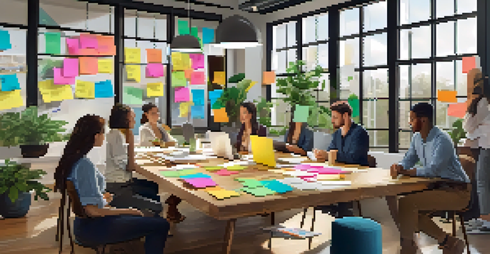 A modern workspace with diverse young professionals brainstorming around a table, filled with natural light and plants.