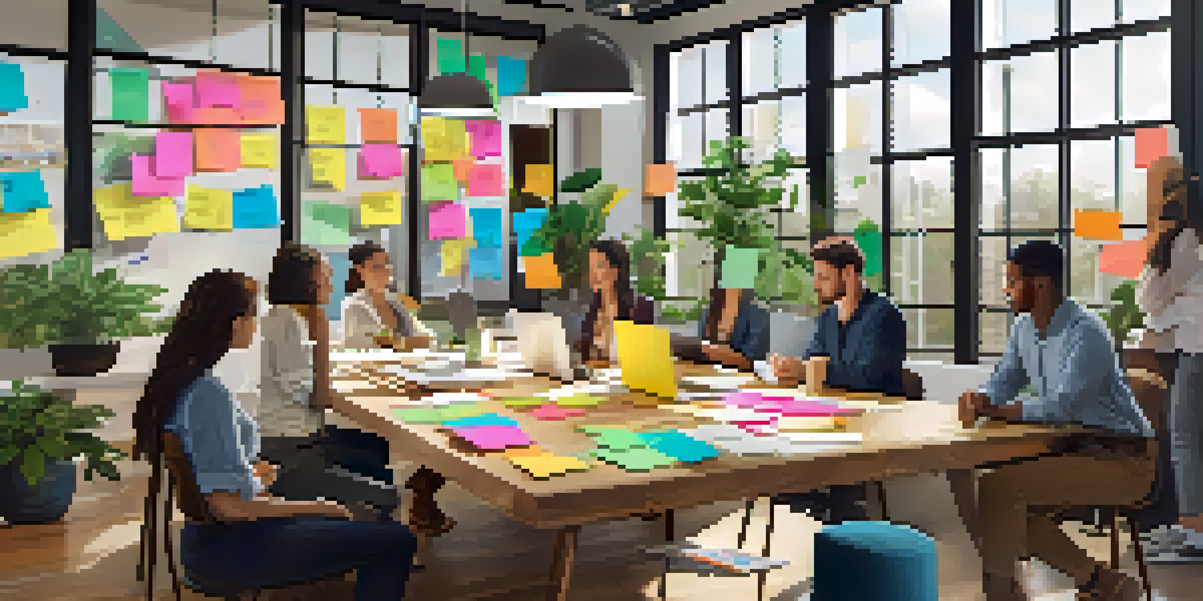 A modern workspace with diverse young professionals brainstorming around a table, filled with natural light and plants.