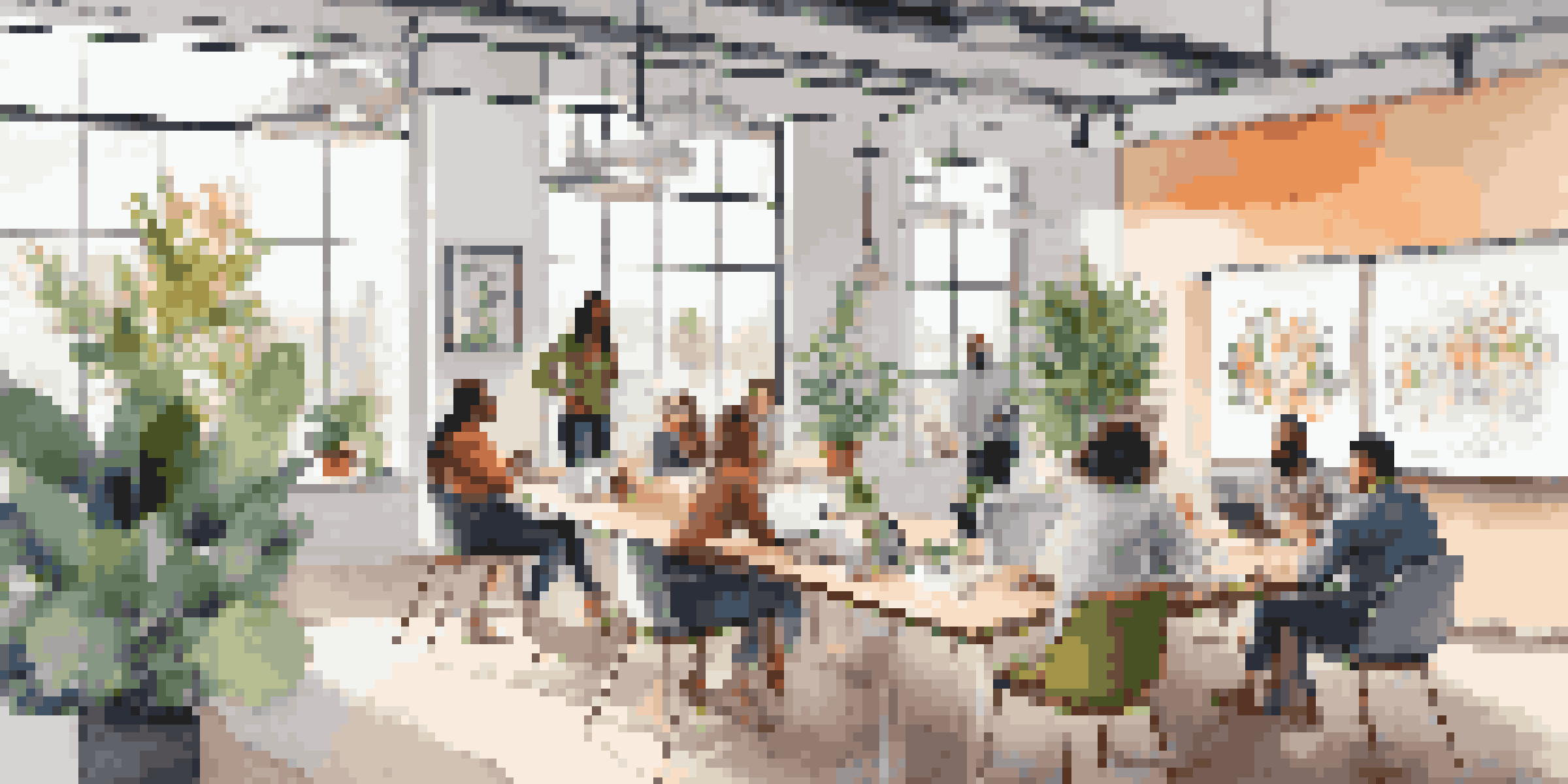 A modern co-working space with diverse entrepreneurs discussing and brainstorming, filled with natural light and contemporary furniture.