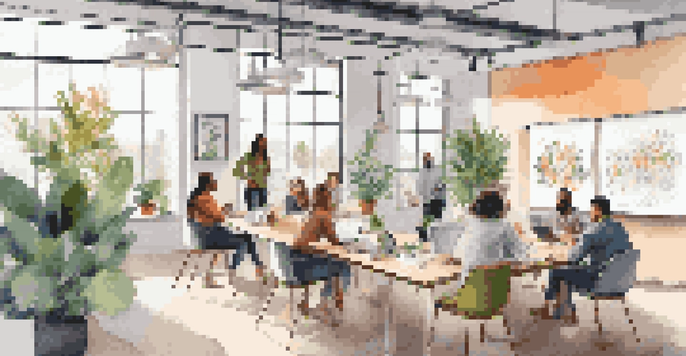 A modern co-working space with diverse entrepreneurs discussing and brainstorming, filled with natural light and contemporary furniture.